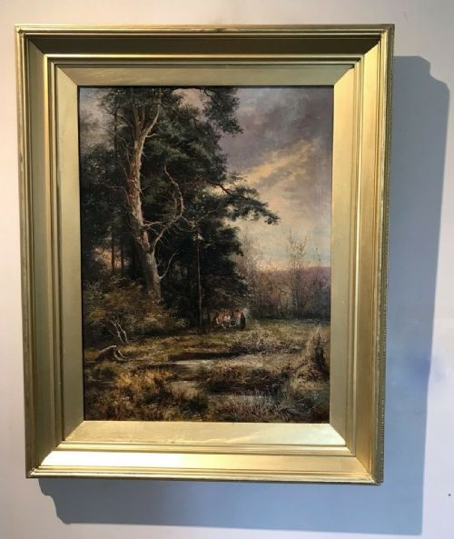 fig 1. Indistinctly Signed M Croupe Original Late 19th Century Antique Oil Painting on Canvas, Gypsy Figures by a Fire, English Woodland Landscape