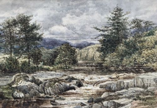 Original Antique English Watercolour Painting Waterfall & River Landscape