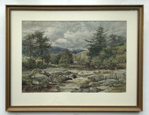 fig 1. Original Antique English Watercolour Painting Waterfall & River Landscape
