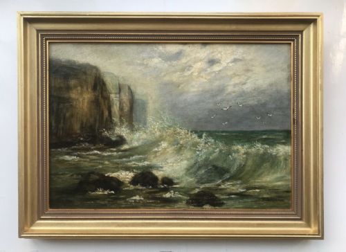 fig 1. R Sissons Signed Original Late 19th Century Antique Oil Painting on Canvas Seascape Cliff Rocks & Crashing Waves Landscape