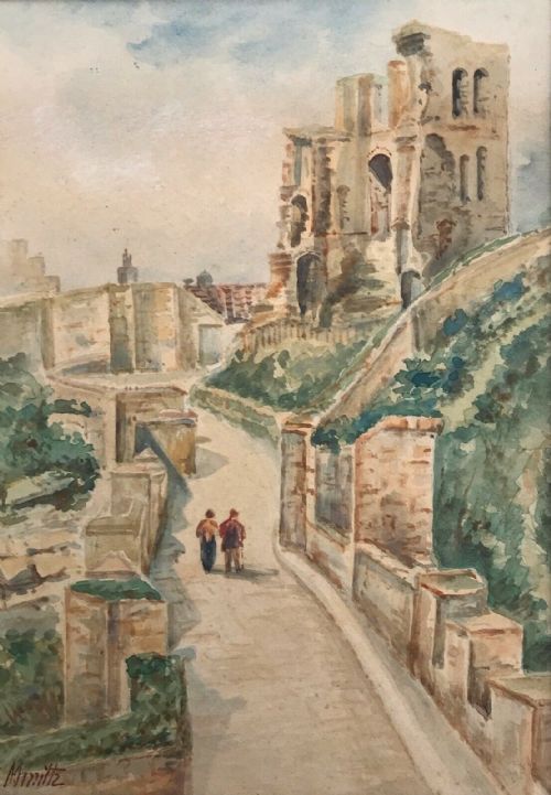 Signed Original 19th Century Antique Watercolour Painting Scarborough Castle Walls & Figures Yorkshire Landscape