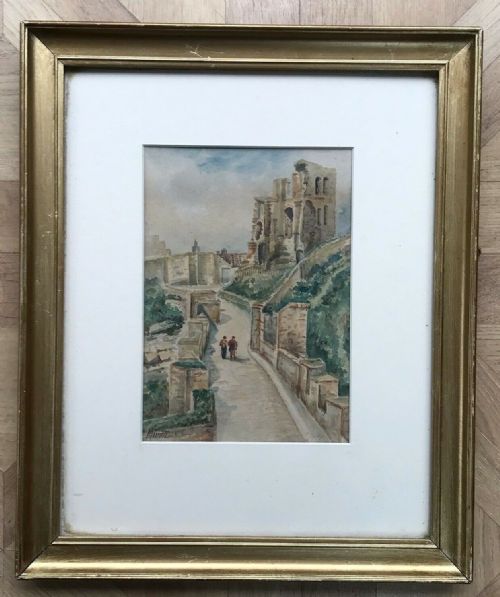 fig 1. Signed Original 19th Century Antique Watercolour Painting Scarborough Castle Walls & Figures Yorkshire Landscape