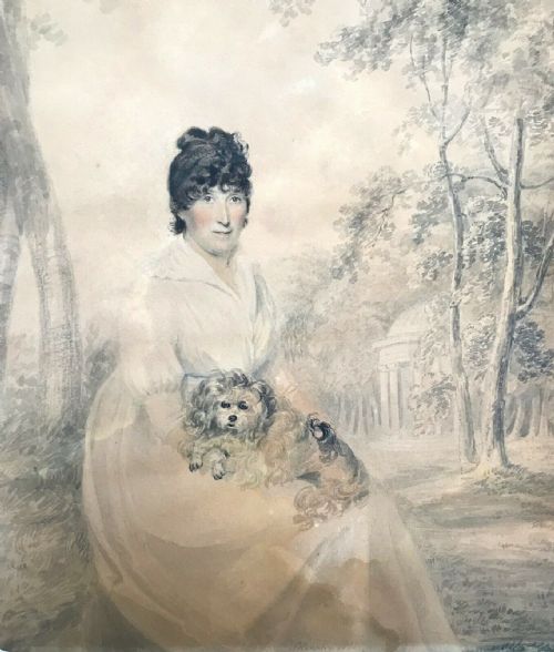 Thomas Heaphy Dated 1801 Original Antique Watercolour Portrait Painting of Lady Lavington with Her Dog on Her Lap