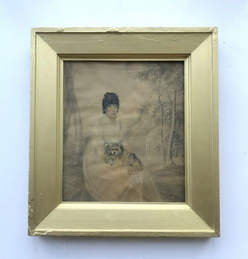 fig 1. Thomas Heaphy Dated 1801 Original Antique Watercolour Portrait Painting of Lady Lavington with her Dog on her Lap