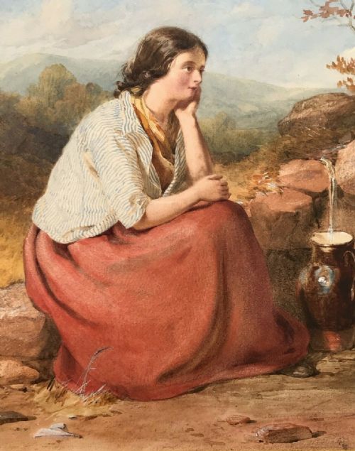 John Henry Mole Signed 1857 Antique Original Watercolour Portrait Painting of Young Lady Collecting Water