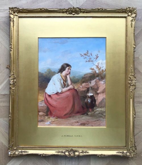 fig 1. John Henry Mole Signed 1857 Antique Original Watercolour Portrait Painting of Young Lady Collecting Water