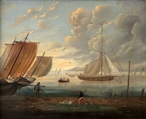Follower of Thomas Luny Original Early C19th Antique Oil Painting on Wood Panel Harbour Scene with Figures