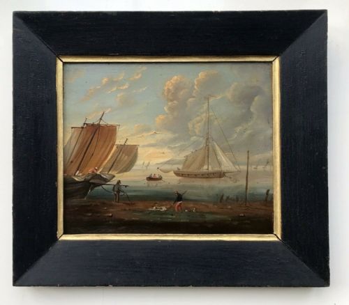fig 1. Follower of Thomas Luny Original Early C19th Antique Oil Painting on Wood Panel Harbour Scene with Figures