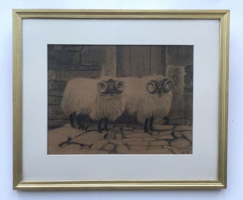 fig 1. JT Cross Signed 1904 Original English Antique Charcoal Pencil Sketch Drawing of Rams in a Farmyard