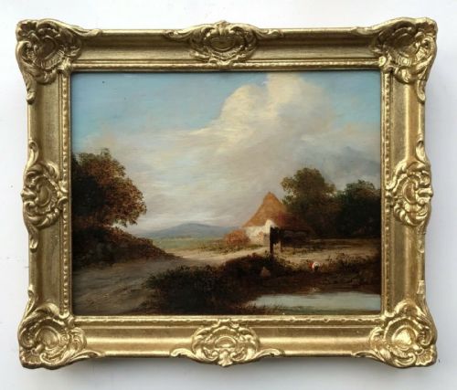 Attributed to Henry Bright Original 19th Century Antique Oil Painting on Wood Panel Figure by a Cottage & Pond