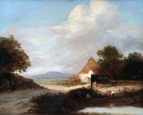 fig 1. Attributed to Henry Bright Original 19th Century Antique Oil Painting on Wood Panel Figure by a Cottage & Pond