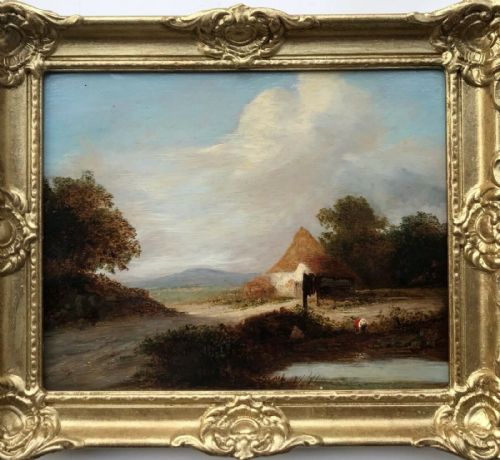 fig 2. Attributed to Henry Bright Original 19th Century Antique Oil Painting on Wood Panel Figure by a Cottage & Pond