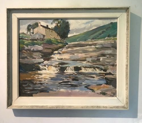 fig 1. Arnold Denby Original English Vintage Signed Oil Painting on Board New House Farm Deepdale Yorkshire Landscape