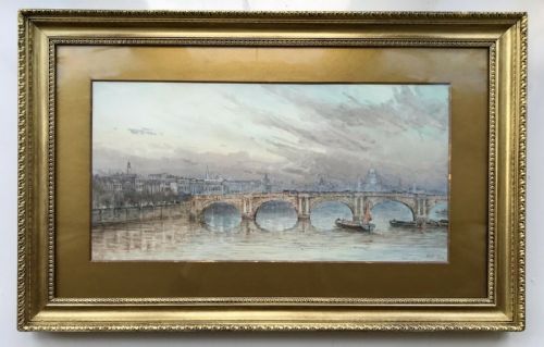 Herbert Finn 1909 Signed Original English Antique Watercolour Thames Bridge View & Distant St Pauls Cathedral London Skyline Landscape