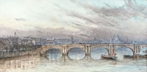 fig 1. Herbert Finn 1909 Signed Original English Antique Watercolour Thames Bridge View & Distant St Pauls Cathedral London Skyline Landscape