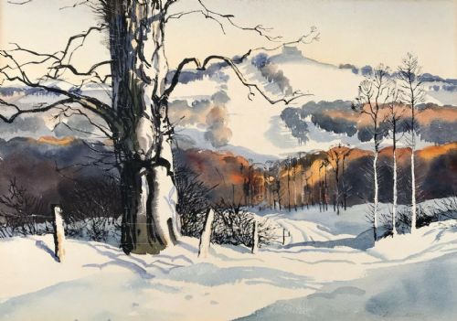 fig 1. John Skelton Irish Original Mid 20th Century Watercolour Painting Dublin Snow Hills Hellfire Club Ireland Landscape