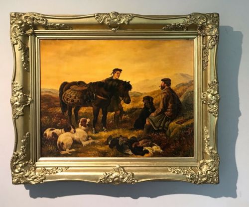 Whs Monogram Signed Original Late 19th Century Antique Oil Painting on Canvas Scottish Highland Hunting Landscape with Horse & Dogs