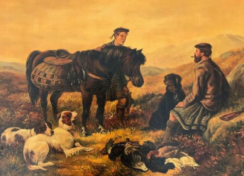fig 1. WHS monogram Signed Original Late 19th Century Antique Oil Painting on Canvas Scottish Highland Hunting Landscape with Horse & Dogs