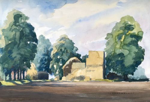 Sidney Wright Signed Original 20th Century Vintage Watercolour Painting Scottish Landscape Hay Stacks Near Galloway in Scotland
