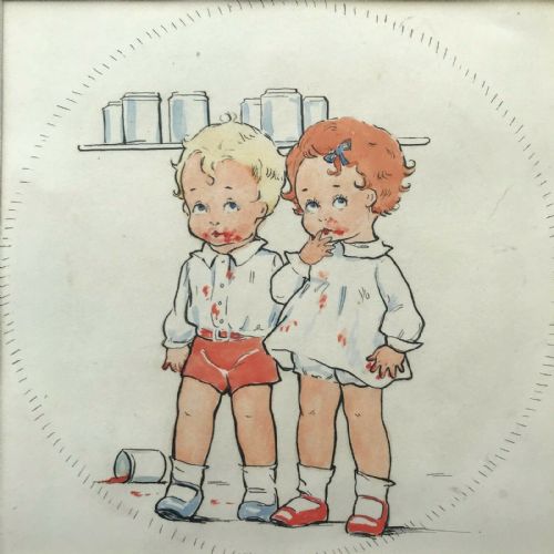 Circle of Mabel Lucie Attwell Original Vintage English Watercolour Painting 2 Children with Jam