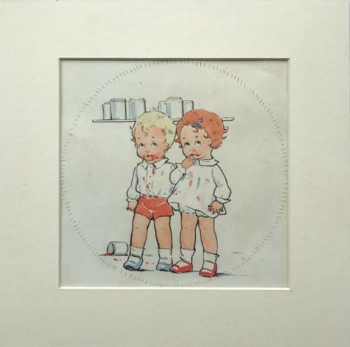 fig 1. Circle of Mabel Lucie Attwell Original Vintage English Watercolour Painting 2 Children with Jam