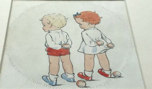 Manner of Mabel Lucie Attwell Original Vintage English Watercolour Painting 2 Children & Apples
