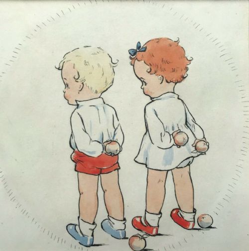fig 1. Manner of Mabel Lucie Attwell Original Vintage English Watercolour Painting 2 Children & Apples