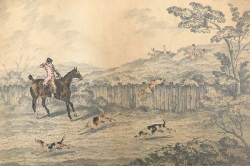 fig 1. Circle of Charles Hunt Original Early 19th Century English Antique Pencil & Watercolour Painting Fox Hunting Country Pursuits Landscape