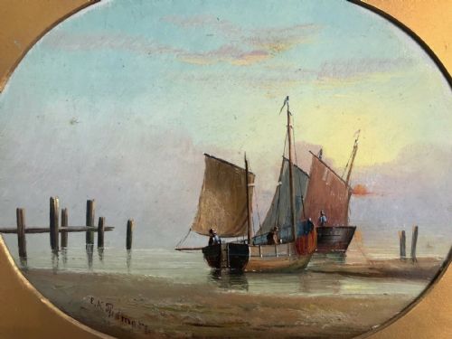 E K Redmore Signed Original Antique Oil Painting on Card Fishing Boats on the Shoreline