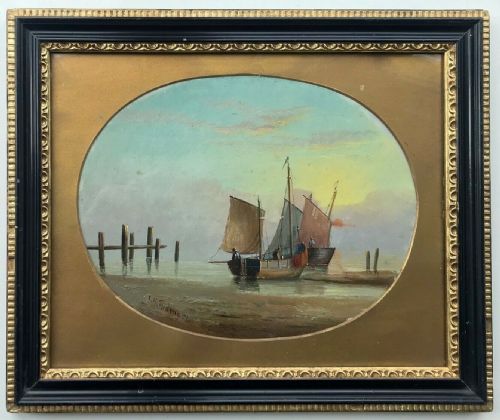 fig 1. E K Redmore Signed Original Antique Oil Painting on Card Fishing Boats on the Shoreline