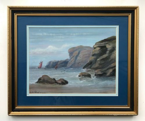 E K Redmore Signed Original Antique Oil Painting on Card Fishing Boats by Cliffs English Seascape