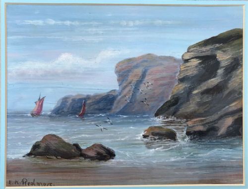 fig 1. E K Redmore Signed Original Antique Oil Painting on Card Fishing Boats by Cliffs English Seascape