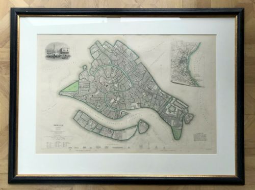 Br Davies After Wb Clarke Map of Venice, Italy Original 19th Century Antique Hand Coloured Engraving
