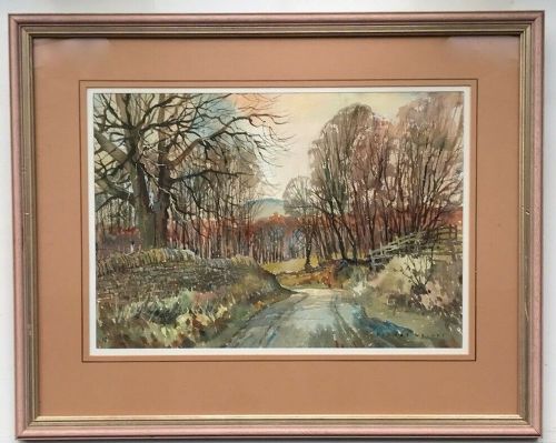 fig 1. Sidney Wright Signed Original English Vintage Watercolour Painting Country Lane near Fewston Harrogate North Yorkshire Landscape
