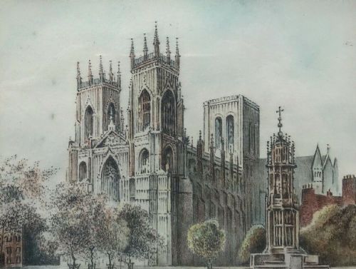 Original Mid  20th Century Vintage Colour Pencil Sketch Drawing York Minster Yorkshire Landscape