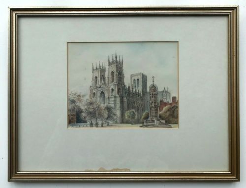 fig 1. Original mid 20th Century Vintage Colour Pencil Sketch Drawing York Minster Yorkshire Landscape