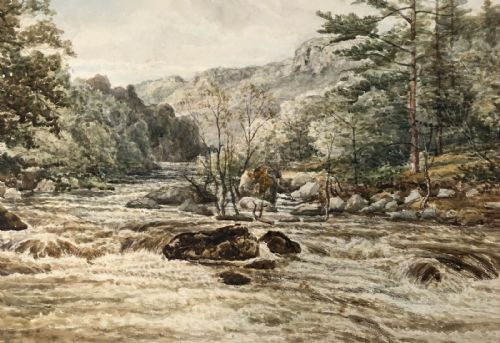 Original Early 20th Century Vintage English Watercolour Painting River Rapids Landscape