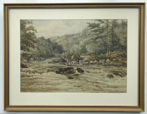 fig 1. Original early 20th Century Vintage English Watercolour Painting River Rapids Landscape