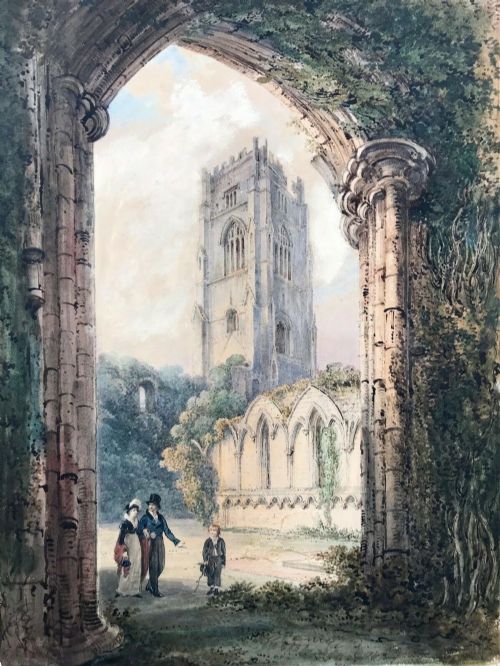 Signed Original Early 19th Century Antique Watercolour Painting, Family Exploring Fountains Abbey Ruin, Near Ripon Yorkshire Landscape
