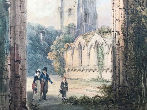 fig 1. Signed Original Early 19th Century Antique Watercolour Painting, Family Exploring Fountains Abbey Ruin, Near Ripon Yorkshire Landscape