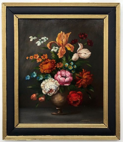 J Brandt (Dutch School) Original Early 20th Century Antique Oil Painting on Board Flowers in a Vase Still Life