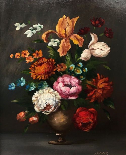 fig 1. J Brandt (Dutch School) Original early 20th Century Antique Oil Painting on Board Flowers in a Vase Still Life