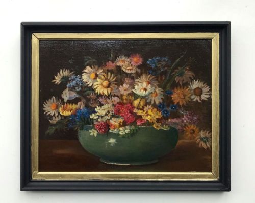fig 1. Original Early 20th Century Antique Oil Painting on Board Flowers in a Green Bowl Still Life Study