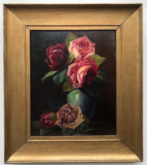 H Lamb Signed 1907 Early 20th Century Original English Antique Oil Painting Roses in a Vase Still Life