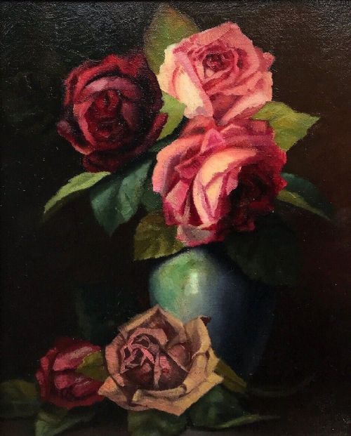 fig 1. H Lamb Signed 1907 Early 20th Century Original English Antique Oil Painting Roses in a Vase Still Life