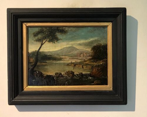 English School Original Antique Oil Painting on Panel Figures Castle River Landscape