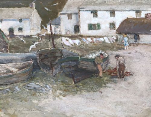 Indistinctly Signed Original Early 20th Century Gouache Watercolour Painting Fishermen with Boats Cottages & Washing