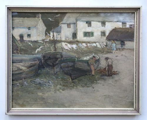 fig 1. Indistinctly Signed Original Early 20th Century Gouache Watercolour Painting Fishermen with Boats Cottages & Washing