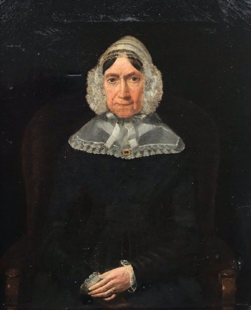 Original 18th Century Antique Framed Oil Painting on Canvas Portrait of Lady Wearing a Lace Bonnet