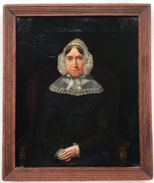 fig 1. Original 18th Century Antique Framed Oil Painting on Canvas Portrait of Lady Wearing a Lace Bonnet